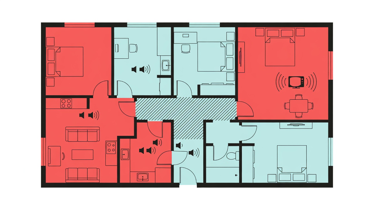 Flat vector apartment floor plan with coral active zones, pale aqua quiet zones, a hatched hallway buffer and labelled noise sources