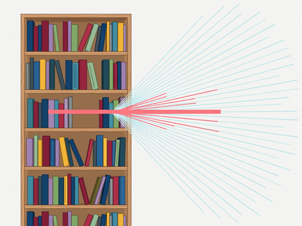Flat vector illustration of a bookcase with books of varied depths scattering a single coral sound ray into many pale aqua rays
