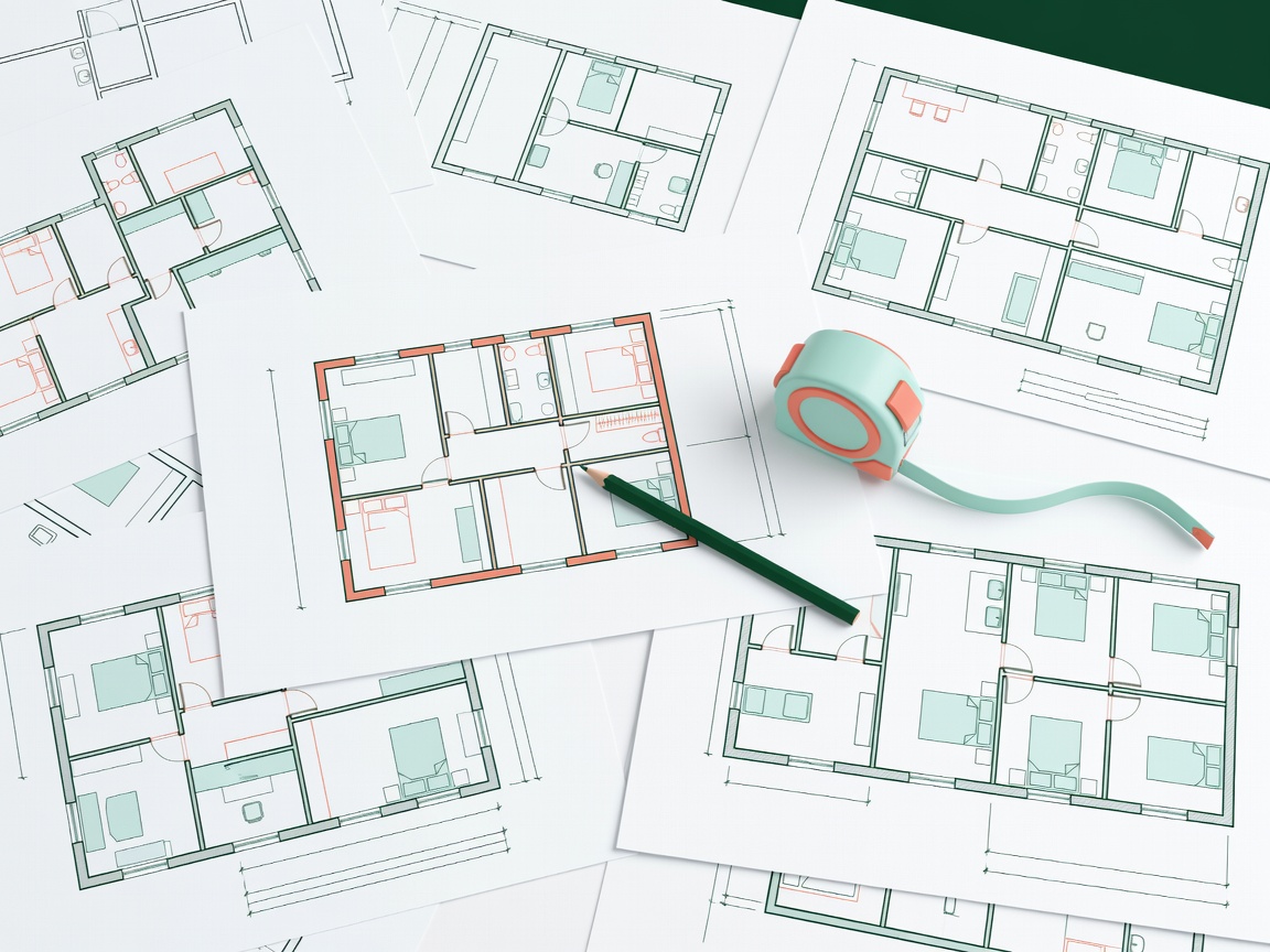 Flat vector illustration of a desk covered with hand-drawn room plans, a pencil and a tape measure, in forest green, coral and pale aqua