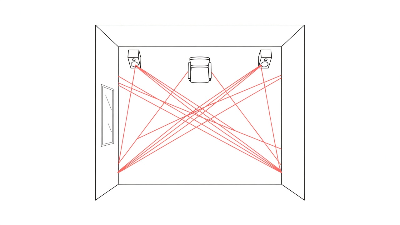 Flat vector room diagram showing a mirror on a side wall and coral lines from each speaker bouncing at the marked first reflection points to the listening chair