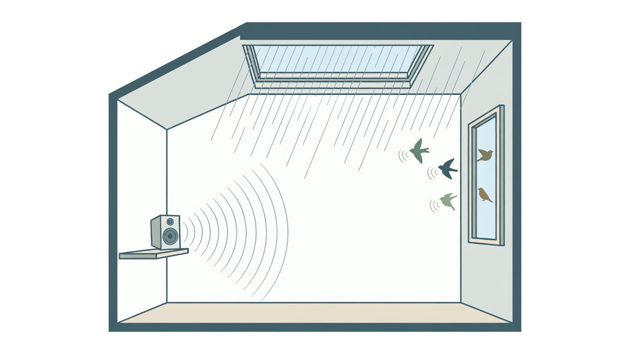 Flat vector cross-section of a room with three labelled sound layers: rain on a skylight, birds outside a window and a small speaker on a shelf