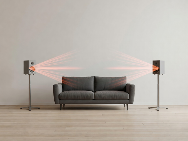 After diagram: speakers on stands at ear height, angled towards the sofa in a clear triangle