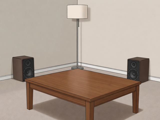 Before diagram: speakers in corners at floor level with the direct path blocked by furniture