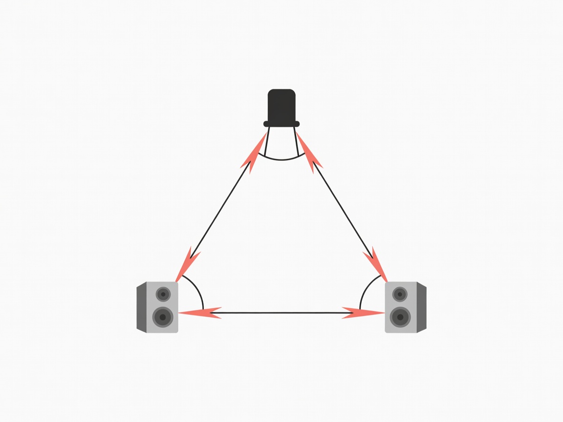 Flat vector diagram of two speakers and a listening chair forming an equilateral triangle, with 30 degree angle markings in coral